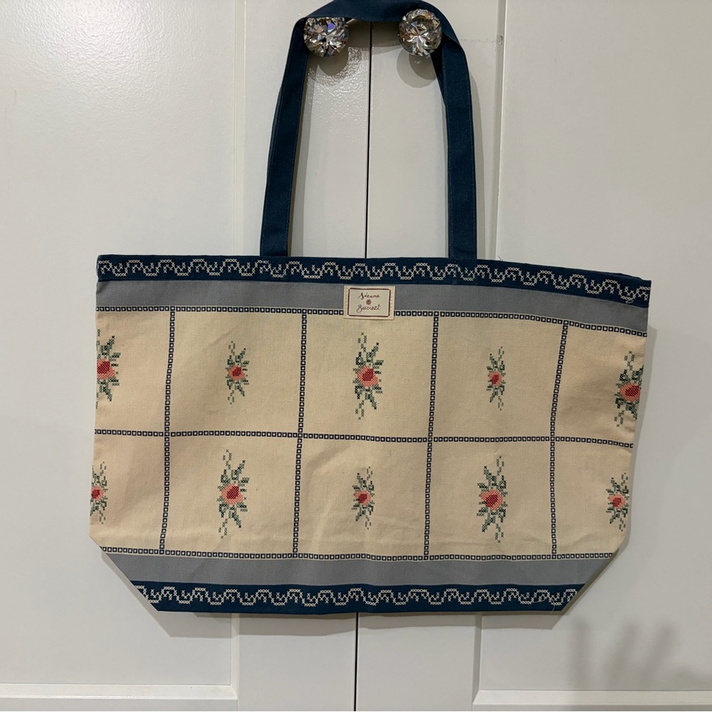 Sezane Cream and Blue Floral Tote